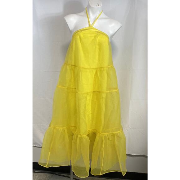 NWT STAUD Mila Tiered Organza Bright Yellow Halter Midi Dress Sz. M - Picture 1 of 6